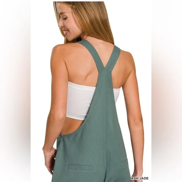 NWT Zenana Woven Stretchy Knot Tie Green Overalls - Picture 6 of 6